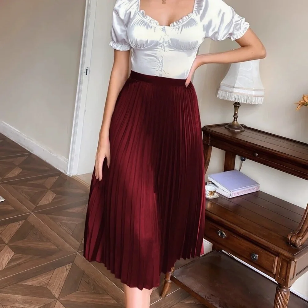 Classic Pleated Satin Evening Midi Skirt - Picture 1 of 10